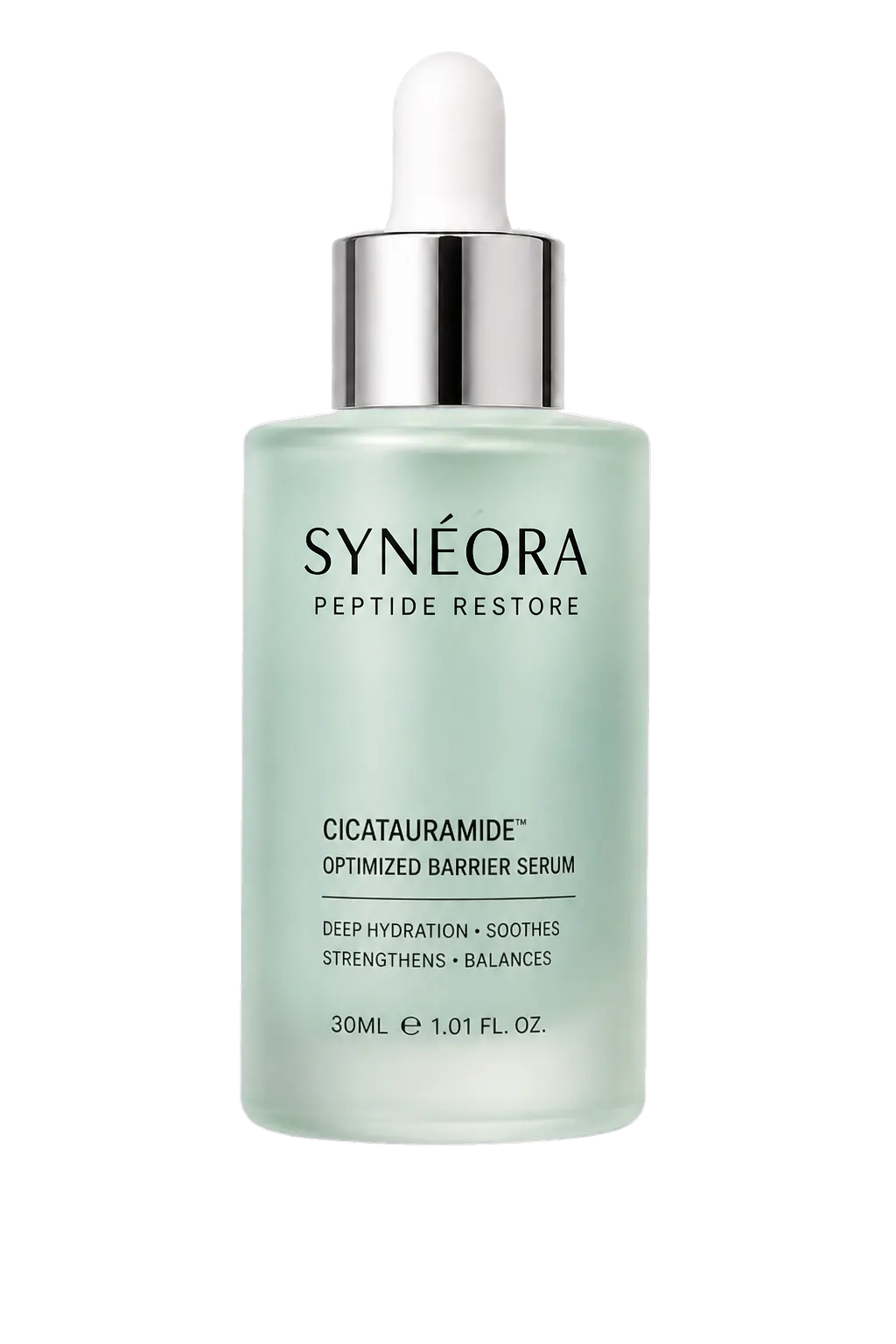 Frasco do sérum SYNÉORA Peptide Restore Cica Tauramide reto sobre o líquido translúcido